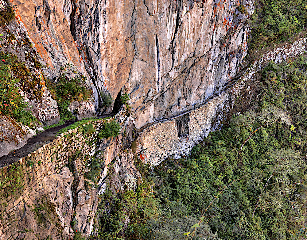 The Inca Trail. The 'Inca Bridge' defending the access to the citadel of Machu Picchu
